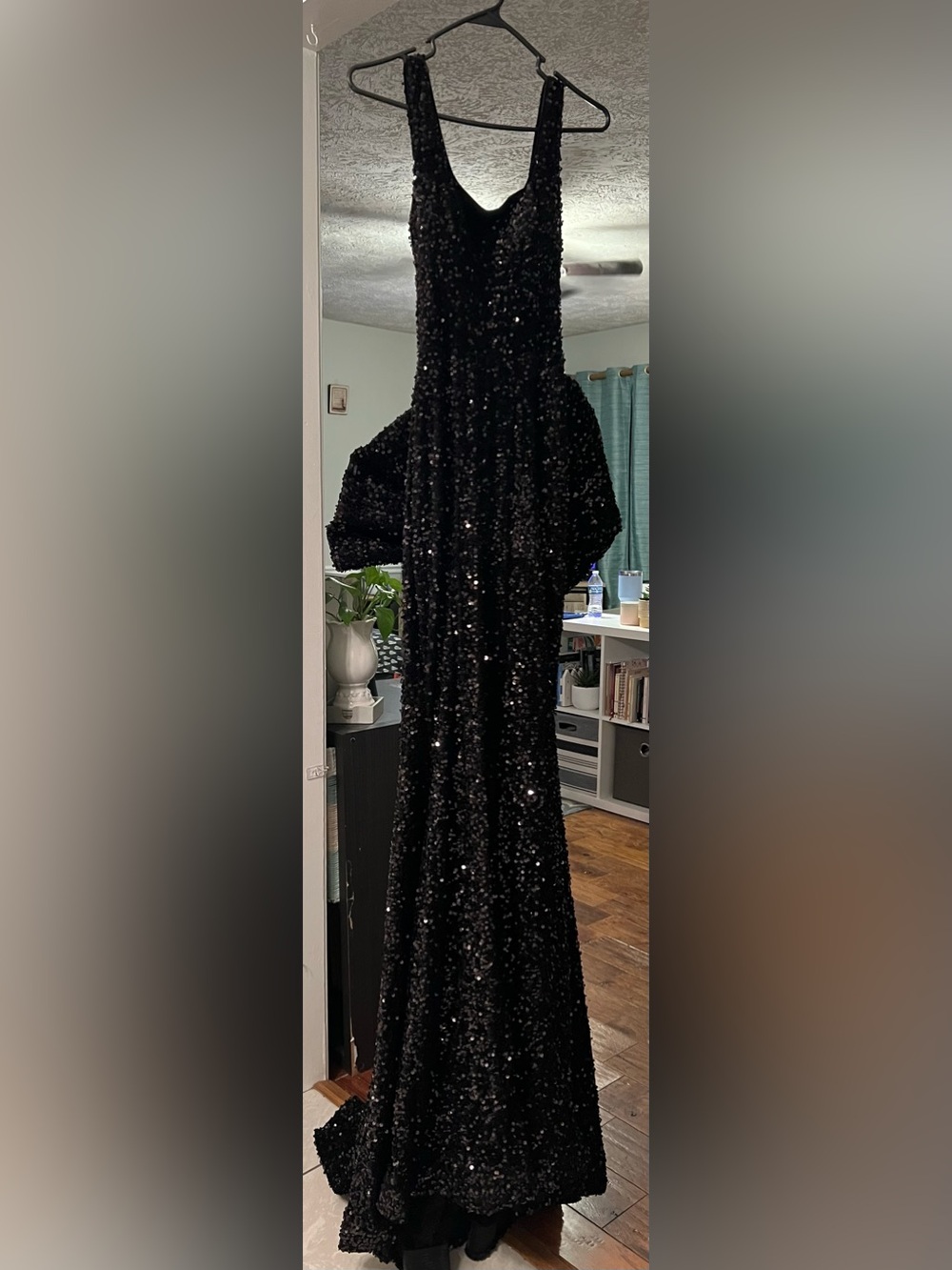 Jessica Angel Black Sequin Mermaid Gown Oversized Bow Train Made in USA